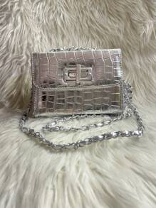 Women's Crocodile Shoulder Bag With Crossbody Strap And Swivel Closure - Silver - View 2