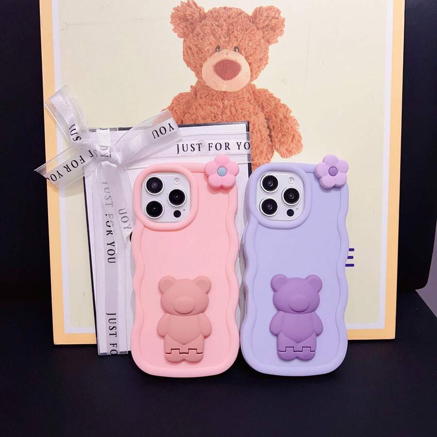 1pc Candy-Colored Wavy Floral & Small Bear Kickstand Phone Case Compatible With Iphone 16, Galaxy S24 Ultra, Infinix Smart 8/Infinix Hot 40i/Tecno Spark 20/Tecno Spark 20C/Tecno Spark Go 2024