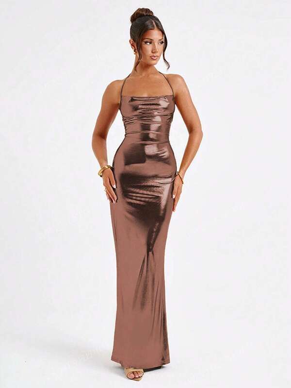 New European And American Style Sexy Plunging Neck Backless Tie-Up Splice Bodycon Dress