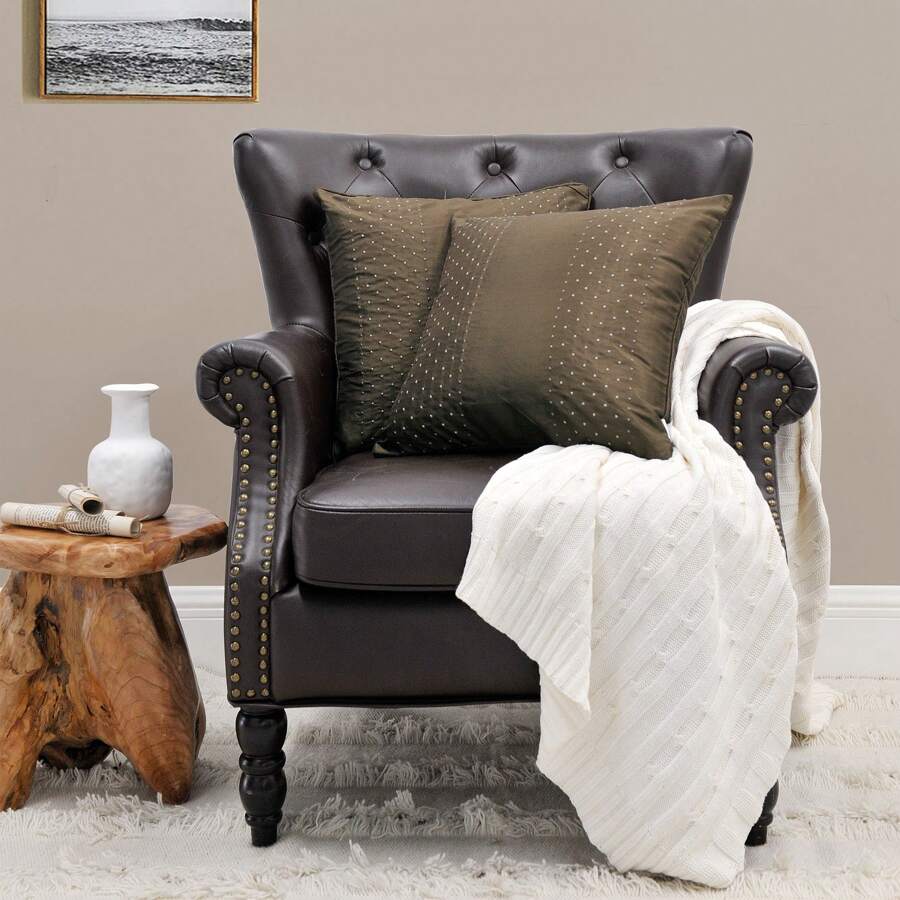 1 funda de almohada decorativa de seda suave con detalles sutiles, funda de almohada rellena de seda con bordado de puntos Marquesa, con textura de lino para el hogar, sofá, dormitorio, sala de estar - Café - Ver 1