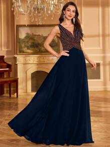 UNITHORSE [随机镂空] 女士V领渐变亮片雪纺腰部收褶纯色优雅派对礼服、婚纱、正式礼服、晚礼服、生日女士服装、毕业礼服 - 藏蓝色 - 查看 6