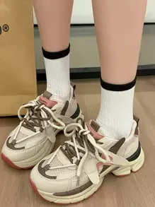 Running Shoes New Platform Thick Sole Wedge Shoes, Women Casual Breathable Mesh Sneakers Fashion Leather Patchwork College Student Shoes, Women Millic Style Street Snap Outdoor Shoes,Women's Height Increasing Thick Sole Small Versatile Casual Women's Fashion Brand Sports Shoes Casual Shoes Women's Shoes - Apricot - View 2