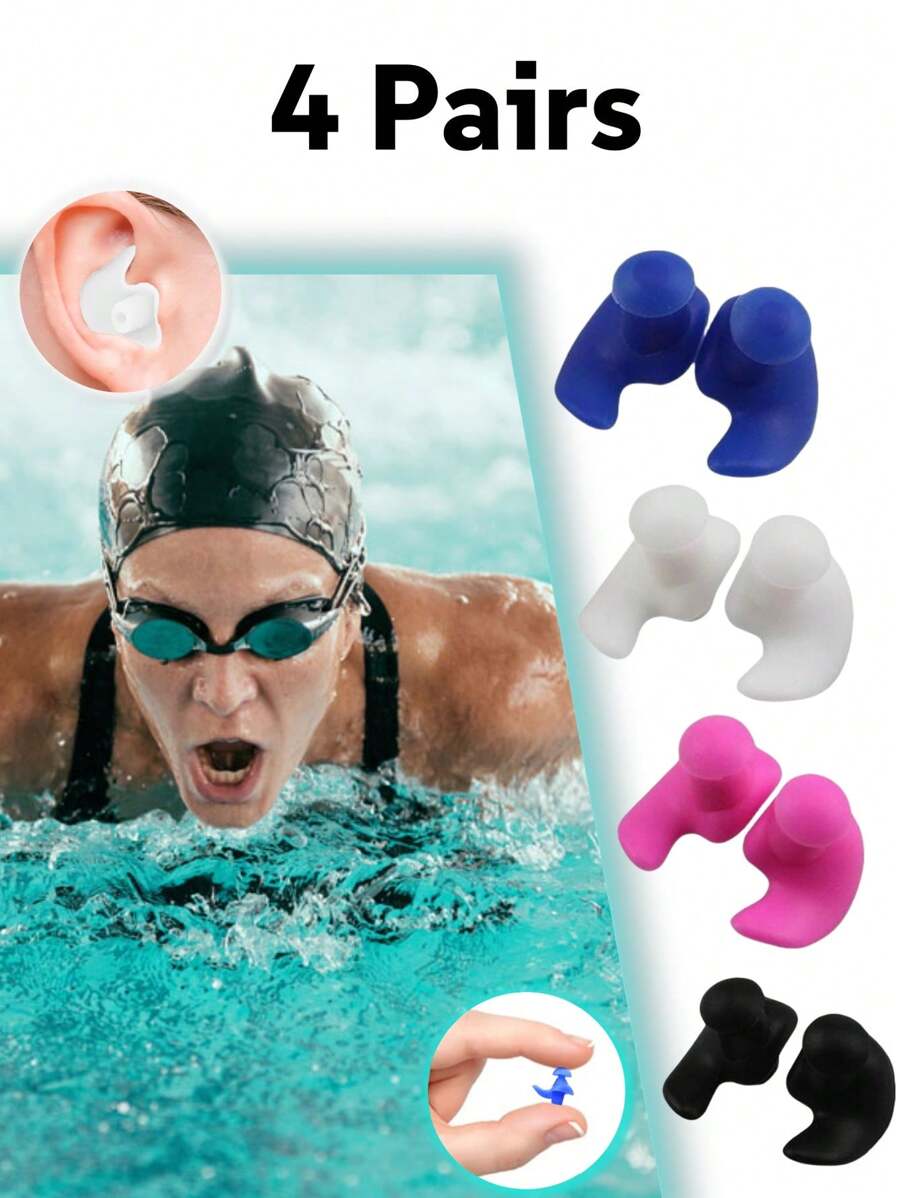 4 Pairs Reusable Silicone Ear Plugs, Soft, Waterproof, Comfortable - Suitable For Swimming, Beach Essentials, Beach Accessories, Pool Float - Multicolor - View 1