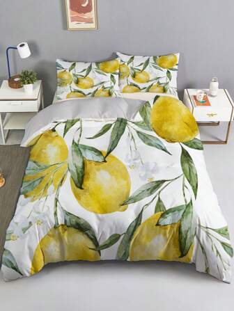 3pcs Creative Leaf & Lemon Print Duvet Cover Set, Washable Microfiber Bedding, Soft Comfortable Bedding For Bedroom & Guest Room(1*Quilt Cover + 2*Pillowcase, Without Core)