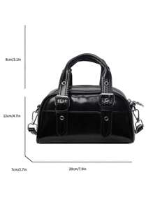 Adjustable Dual-Handle PU Patchwork Bowling Bag With Metal Eyelets, Zipper Closure, Adjustable Shoulder Strap, Fashionable Punk Academy Style For Women, Versatile For Daily Wear - Black - View 2