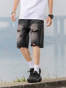 Fashionable Straight Leg Mid-Length Denim Shorts For Teen Boys - Black - View 2