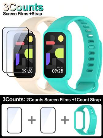 3pcs/Set Watch Band 2pcs Screen Protectors+Silicone Strap Compatible With Redmi Band 3 Sport Replacement Bracelet For For Xiao-Mi Mi Band 9 Active Wristband Case Accessories