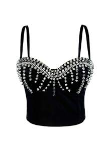 Dravelle Áo croptop corset đính đinh tán kim loại phong cách rock punk gợi cảm dành cho nữ, thích hợp mặc đi nghỉ mát, màu đen, mùa hè. - màu đen - Xem 1