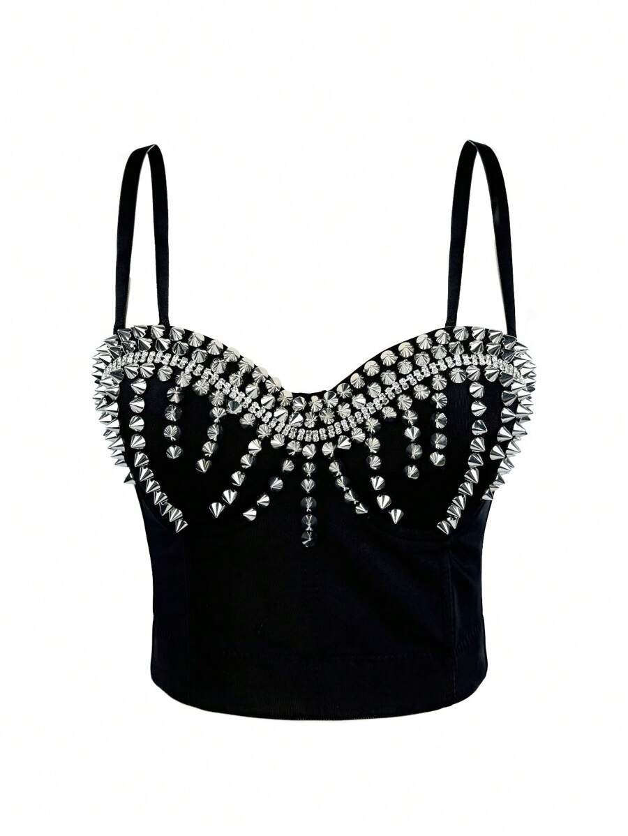 Dravelle Áo croptop corset đính đinh tán kim loại phong cách rock punk gợi cảm dành cho nữ, thích hợp mặc đi nghỉ mát, màu đen, mùa hè. - màu đen - Xem 1