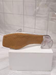 1 par de sandalias tipo slip-on de moda para adolescentes talla grande, con correa de PU de patrón de serpiente plateado, punta cuadrada, tacón grueso transparente de cristal, elegantes y lujosas sandalias de plataforma, aptas para uso casual, fiesta, viaje, primavera/verano