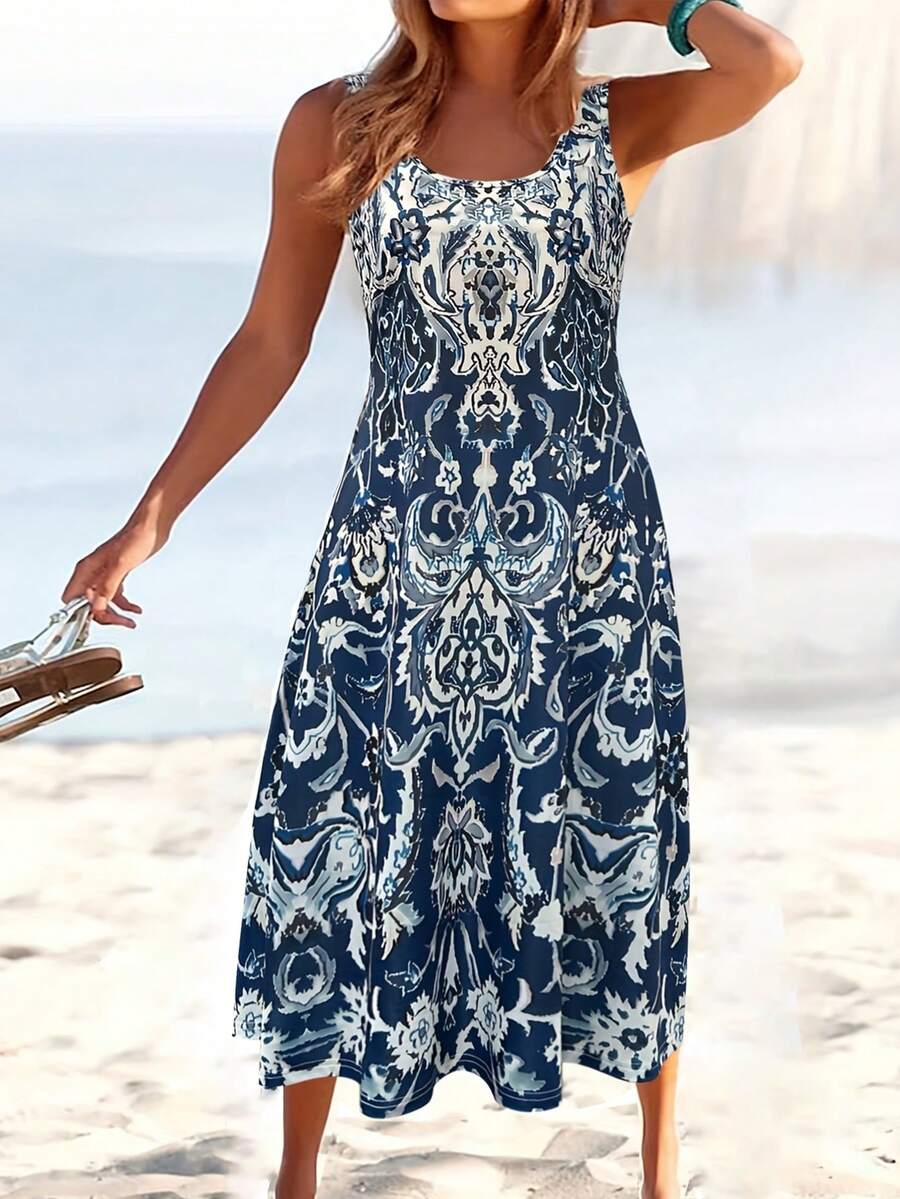 Plus Size Fashionable Printed Bohemian Style Vacation Sleeveless Dress With Pockets, Summer - Multicolor - View 1