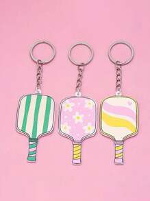 1pc Colorful Striped & Floral Print Pickleball Paddle Keychain - Metal, Charming Sports Bag Accessory, Ideal For Car Keys & Bags, Perfect Gift For Men & Women, Sports Accessory Gift|Whimsical Keychain|Metal Keychain - Multicolor - View 1