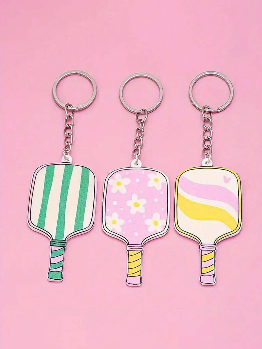 1pc Colorful Striped & Floral Print Pickleball Paddle Keychain - Metal, Charming Sports Bag Accessory, Ideal For Car Keys & Bags, Perfect Gift For Men & Women, Sports Accessory Gift|Whimsical Keychain|Metal Keychain - Multicolor - View 1