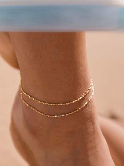 1pc Stainless Steel Double Layer Anklet, Bohemian Beach Style Foot Chain, Great Gift For Women