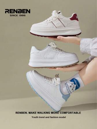  Renben 女士蓝/红 2025 年春季新款硫化运动鞋厚底轻便减震复古休闲鞋
