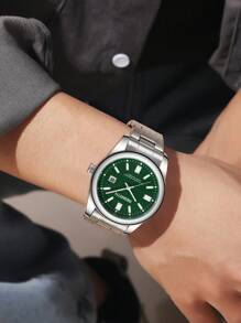 1 pieza Reloj de cuarzo elegante con pantalla de calendario, correa de acero inoxidable para hombre, adecuado para uso diario