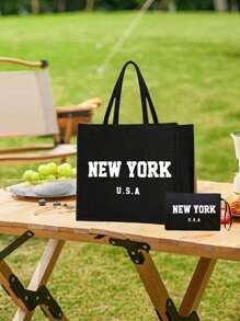 "NEW YORK" Lettering Printing Tote Bag And A Printed Small Bag,Personalized Gift Package,Linen Black Tote Bag With Black Buckle, Black Handbag, Shoulder Bag, Commuting Bag,Combination Of Small And Large Bags, Suitable For Weddings, Birthdays, Beaches, Holidays, Making It The Perfect Gift For Women, Mothers, Teachers, Friends, Bridesmaids, Big Bags, Students, And Returning To School,Christmas, Thanksgiving, And New Year Gifts