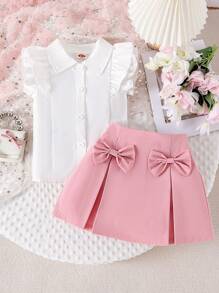 Set de 2 piezas con blusa sin mangas con volantes y falda con decoración de lazo, atuendo veraniego para niña