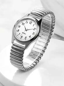 2 piezas Reloj de cuarzo casual de moda con diseño de números en esfera blanca, pulsera de aleación elástica unisex. Un regalo para él, elegido para el Día de San Valentín, reloj a juego, adecuado para cualquier ocasión