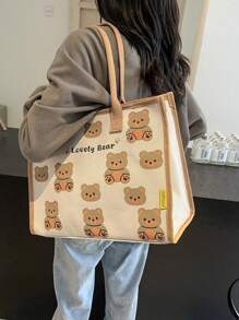 1pc Portable Canvas Mummy Bag, Versatile Large Capacity Mummy Diaper Bag, Cartoon Cute Bear Print Handbag, Casual Commuter Tote