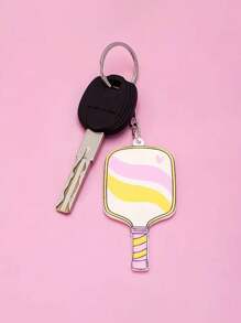1pc Colorful Striped & Floral Print Pickleball Paddle Keychain - Metal, Charming Sports Bag Accessory, Ideal For Car Keys & Bags, Perfect Gift For Men & Women, Sports Accessory Gift|Whimsical Keychain|Metal Keychain - Multicolor - View 5