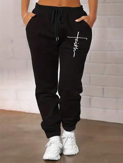 Ladies Casual Sports Autumn And Winter Warm And Fleece Sweatpants Letter Printed Fashion All-Match Fleece Sweatpants