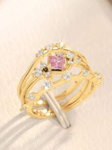 3pcs/Set Exquisite Y2K Pink Zirconia Rings Female Elegant Accessories For Engagement Gold Color/Silver Color Party Wedding Jewelry - Ring Set - View 2