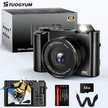 STUOGYUM 64MP 4K 数码相机前后双摄像头，自动对焦，闪光灯，16 倍数码变焦，6 轴稳定，配备 3.2 英寸大屏幕，紧凑型旅行相机，适用于摄影和视频、视频博客或自拍，适合初学者，附带 32G 卡 - 黑色 - 查看 1