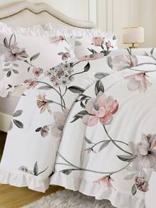 2/3pcs Magnolia Flower Ruffle Duvet Cover Set (Duvet Cover*1, Pillow Case*1/2, Without Comforter And Pillow Insert), Skin-Friendly, Breathable, Soft & Comfortable, Printed Design, Suitable For Hotel, Guest Room, Dormitory, Bedroom, All Season Bedding Set - White - View 4