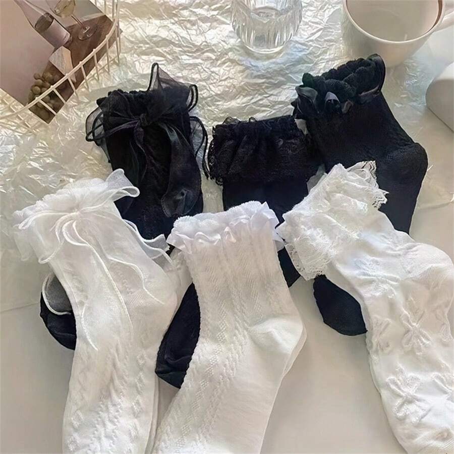 6 Pairs Of Whimsical Bow Ruffled Lace Trim Mid Tube Socks - Women's Japanese Style Stockings & Hosiery With Sweet Details - Perfect For Casual Wear, Gift Idea, And Year-Round Fashion - Multicolor - View 1