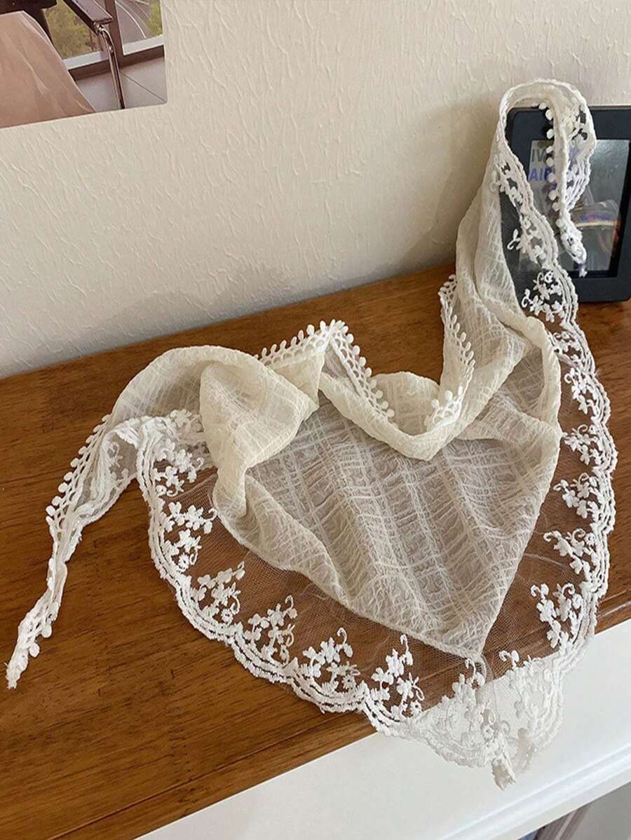 1件裝花卉蕾絲夏季髮箍/髮巾/三角巾,復古法式風格女性度假必備髮飾 - 米色 - 查看 1