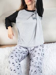 Sanrio Conjunto de Pijama Fofo Mulheres Desenho Animado Hello Kitty, Top de Manga Longa Gola Redonda e Calça, Ajuste Confortável e Solto, Adequado para Primavera, Outono, Verão, Roupas de Estação