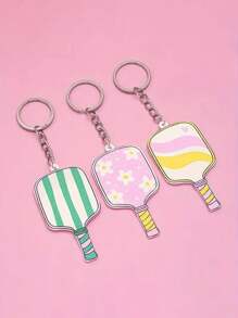 1pc Colorful Striped & Floral Print Pickleball Paddle Keychain - Metal, Charming Sports Bag Accessory, Ideal For Car Keys & Bags, Perfect Gift For Men & Women, Sports Accessory Gift|Whimsical Keychain|Metal Keychain - Multicolor - View 3