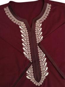Men's Moroccan Style Embroidered Short Sleeve Robe With Side Pockets, Islamic Men Loungewear - Burgundy - View 4