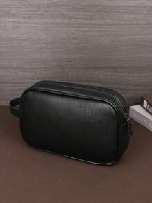Unisex Fashionable PU Leather Portable Toiletry Bag, Travel Cosmetic/Makeup Organizer With Large Capacity, Suitable For Business, Travel, Outdoor Use - Black - View 3