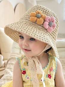 1pc Baby Girls' 1-2Y Handwoven Straw Hat With Drawstring, UV Protection, Spring/Summer - Beige - View 5