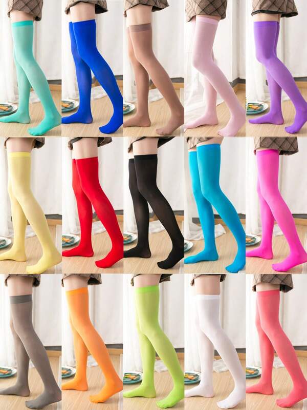 1/5/10/15 Pairs Women Velvet Solid Over-The-Knee Socks, Candy Color Long Thigh High Stockings For Spring/Summer