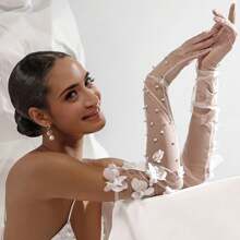 1 双新娘蕾丝串珠花卉长手套，复古婚纱配饰，情人节配饰 - 米色 - 查看 3