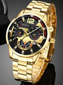 3 件/套男士时尚手表套装：不锈钢表带、圆形表壳、商务石英表、礼品