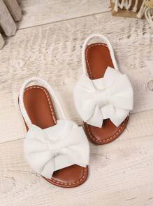 1 par de sandalias planas blancas de talla grande para niñas bebés/niñas pequeñas, con decoración de lazo de malla de unicolor, correa elástica en la parte trasera, punta redonda, suela antideslizante y ligera, estilo gladiador de moda para el verano, adecuadas para niñas de 3 a 15 años para uso diario, fiestas y viajes