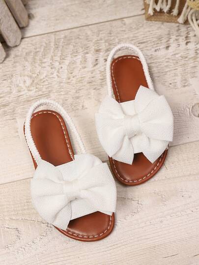 1 Paar Große Größen Baby/Kleinkind Mädchen weiße Flache Sandalen, einfarbige Mesh-Schleifen Dekoration, elastischer Rückriemen, runde Zehenkappe, rutschfeste leichte Sohle, modische Gladiatoren-Sommer-Sandalen, geeignet für 3-15 Jährige, Alltag, Party, Reise