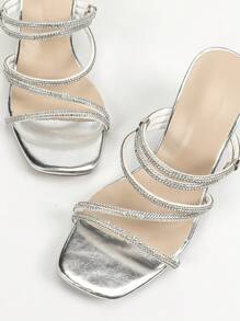 女士时尚银色水钻装饰方头水晶踝带粗跟凉鞋，魅力十足，适合夏季礼服派对、婚礼、正式场合、户外派对和海滩度假，用途广泛 - 銀色 - 查看 6
