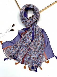 1条女士简约印花围巾，时尚新款春夏防晒沙滩披肩，棉麻质感围巾 - 彩色 - 查看 2