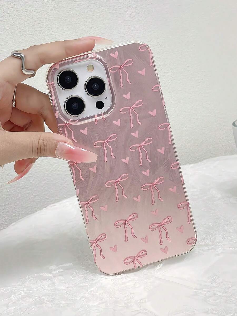 1pc Feather Pattern Glitter Heart Bow TPU Shockproof Phone Case, Fits For Apple IPhone 16, 15, 14, 13, 12, 11 Pro Max