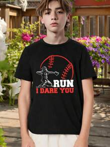 Kids Baseball T-Shirt - Run I Dare You! Funny Baseball Catcher Tee For Boys Girls - Youth Sports Graphic Tee - Perfect For Little League Baseball Practice Fans - Teen Tween Sizes