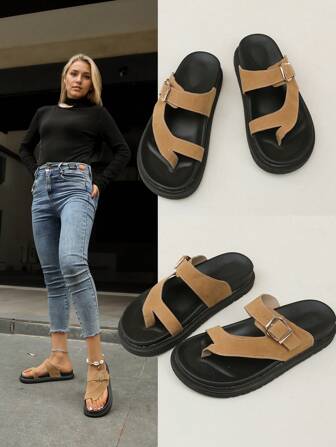 Women's Summer New Metal Buckle Decor Flip Flops, Thickened Soles For Beach, Outdoor, Commute, Work, Shopping, Camping