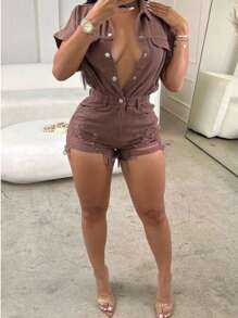 SHORT SLEEVE CARGO ROMPERS - Brown - View 2