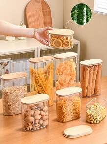 1pc Kitchen Bamboo Lid Thick Transparent Airtight Sealed Jar, Material Large Opening Canister For Beans, Pasta, Cookies, Snacks, Simple Design Bamboo Lid Large Capacity Food Storage Container