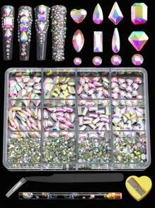 12 Grid Manicures 160 Rhinestones And 1100 Flat Bottom Small Round Diamonds. Different Shapes And Styles Of Mixed Glass Nail Decorations With Some Diamond Pencil Sharpener Sets Can Be Used For Clothing Face Nail DIY Decoration And Use - 彩色 - 查看 4