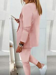 Women Solid Color Casual Long Sleeve Jacket And Pants Suit Set - Dusty Pink - View 2